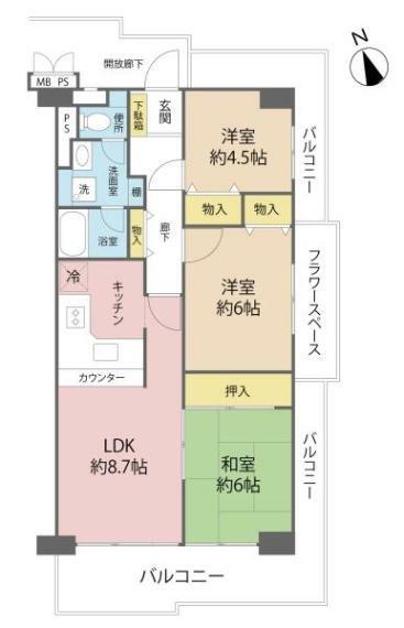 間取り図 開放感溢れる3面バルコニー！人気の角住戸のため陽当たり＆眺望良好！全居室収納付き！