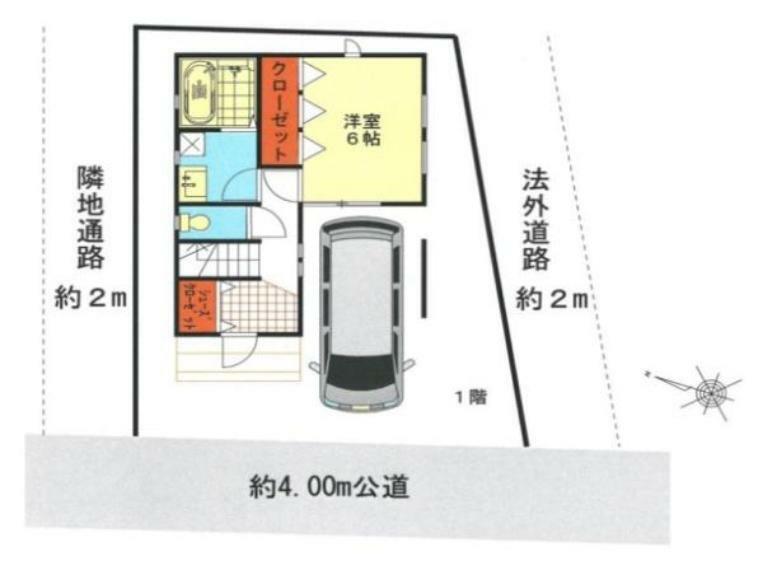 区画図 【区画図】 前面道路西側約4m公道。北側隣地通路・南側市道のため、3方向開放感がございます。