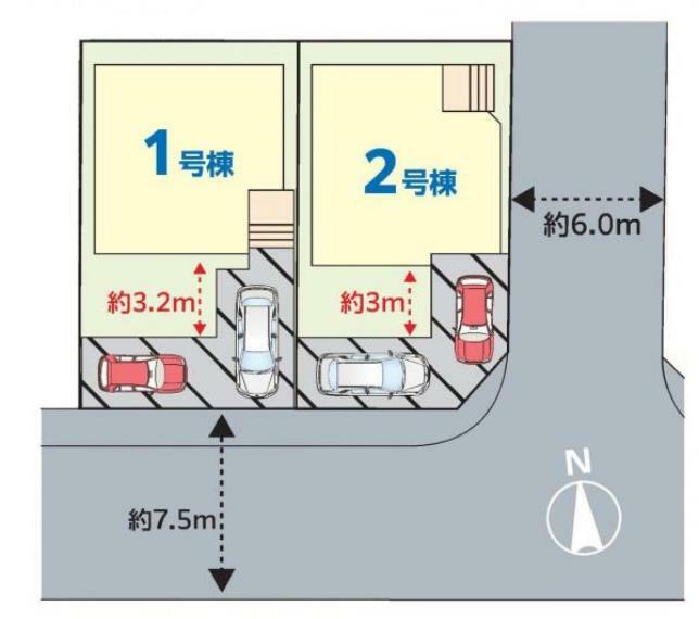 区画図 前面道路も広く駐車も楽々！ 当該物件は2号棟です