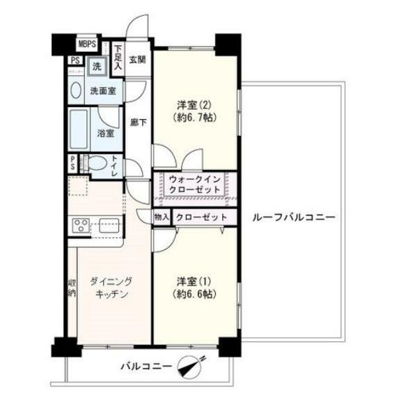 55.36m2/2DK　ルーフバルコニー付住戸