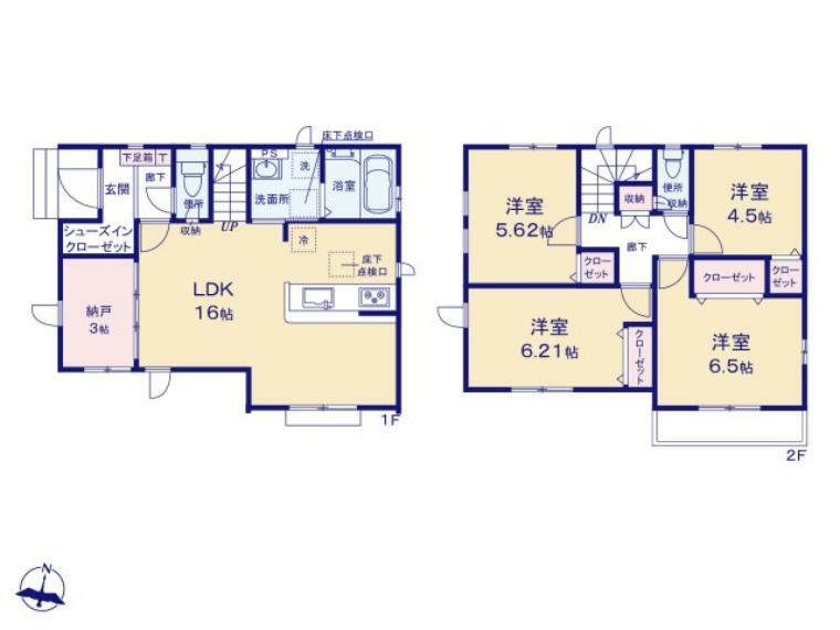 間取り図 広いLDK16帖はご家族の共有スペース。 ゆとりの2階4部屋でご家族それぞれのお時間も大切に出来ます。