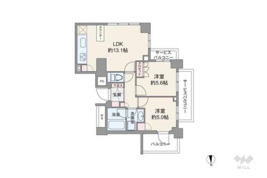 間取り図 間取りは専有面積53.96平米の2LDK。LDK約13.1帖のプラン。複数方向に採光部があり、バルコニー面積は4.55平米です。