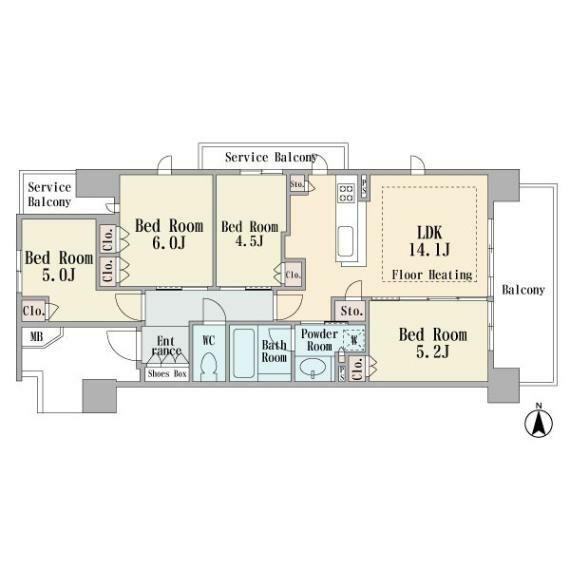 間取り図 4階部分の北東角部屋です　ワイドバルコニー　カウンターキッチン　4LDK　床暖房　2016年2月築　総戸数113戸　24時間ゴミ出し　EV充電設備　充実の共用施設