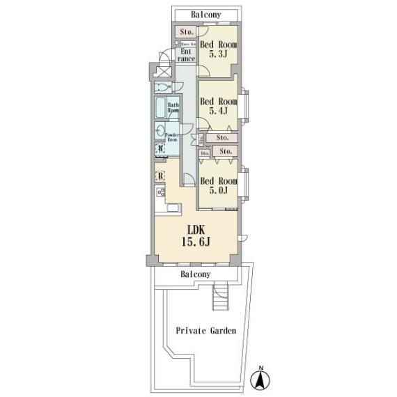 1階部分の東南角部屋です　専用庭36.94平米　両面バルコニー　3LDK　カウンターキッチン　2019年11月にリフォーム済み　新耐震基準です
