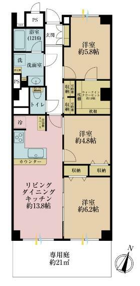 間取り図 3LDK、専有面積74.88平米