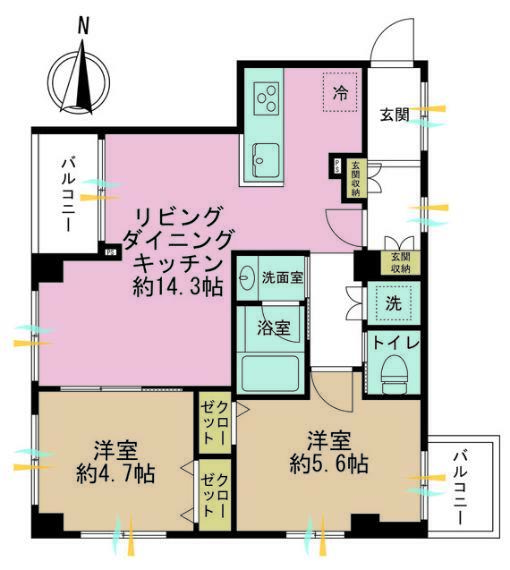 間取り図 2LDK、専有面積51.14m2、バルコニー面積5.45m2