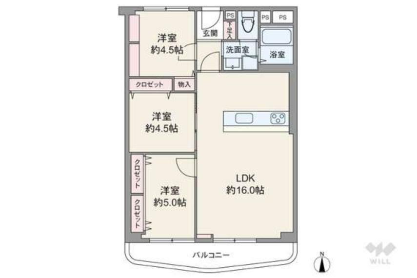 間取り図 間取りは専有面積66.66平米の3LDK。全部屋洋室仕様のプラン。LDKと洋室1部屋が続き間で、扉を開放して広々使用することも可能。室内廊下が短く、居住スペースを優先した造りです。