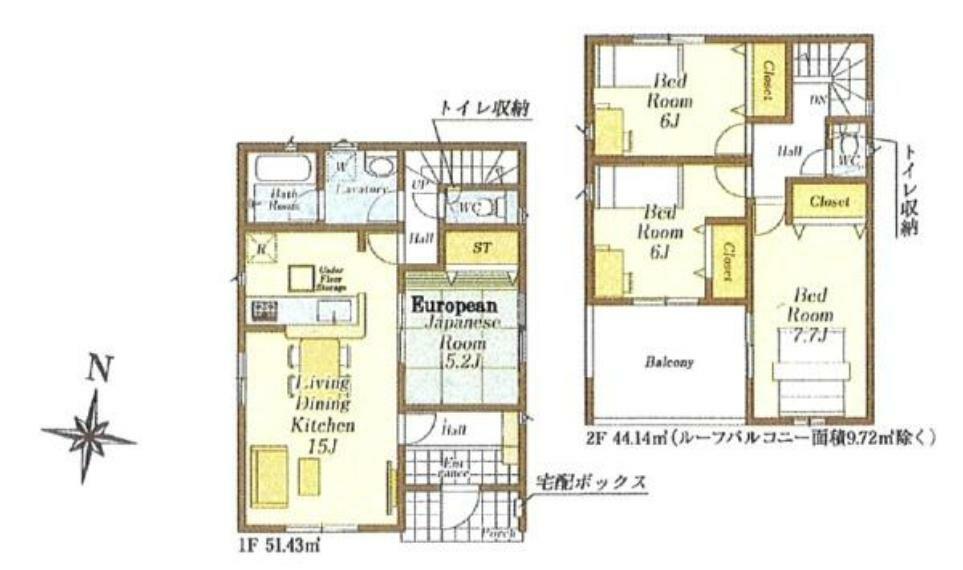 間取り図 リビングに隣接する和室でゆったり寛げます。和室は来客時や子育てシーン等に活躍。2階3部屋で使いやすい間取り。宅配ボックス付き。