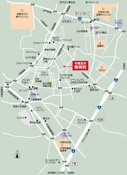 現地MAP毎日のお買い物は、かましん平松本町店（約1130m～1140m、徒歩15分（最長））や、ツルハドラッグ東峰店（約440m～450m、徒歩6分（最長））が便利です。