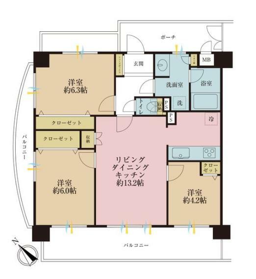 間取り図 3LDK、専有面積67.20平米、バルコニー面積18.87平米