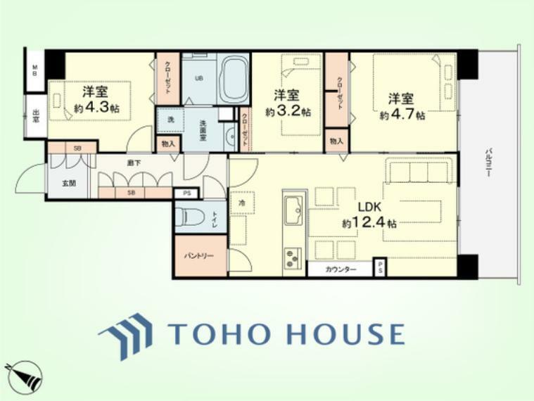 間取り図 3LDK＋パントリー　専有面積60.60平米、バルコニー面積9.00平米