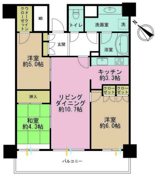 間取り図 3LDK、専有面積69.03平米、バルコニー面積12平米