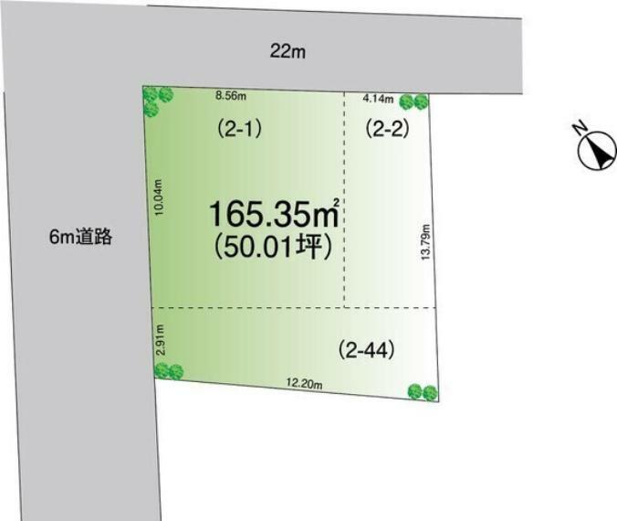 区画図 土地面積165.35平米（50.01坪）、角地に位置してる土地です