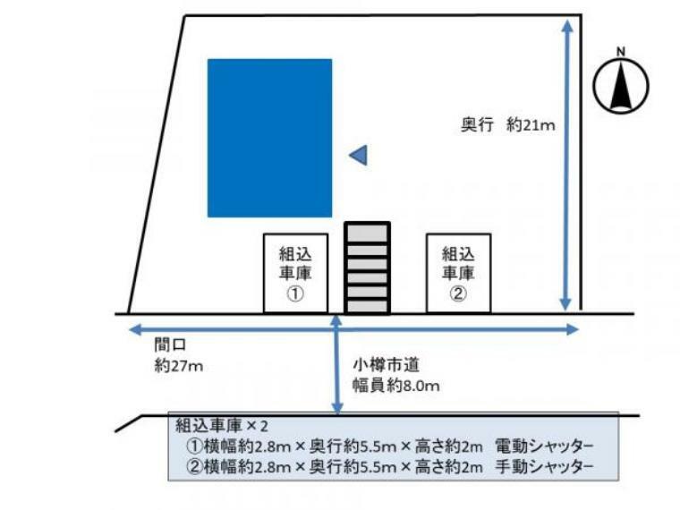 区画図 駐車スペースは組み込み車庫スペースが2台分あります。高さ2m奥行き5.5m横幅2.8mあるのでワンボックスカーでも入りますね。