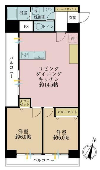 間取り図 2LDK、専有面積59.14平米、バルコニー面積9.74平米