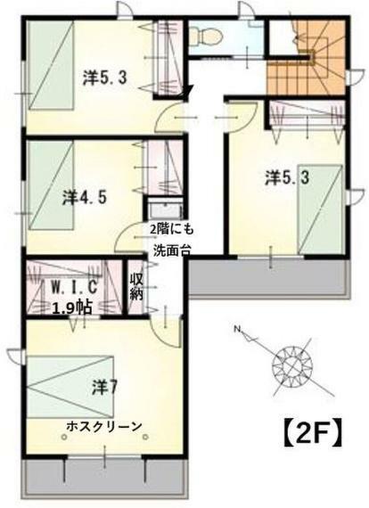 間取り図 2F平面図です。全居室収納付き！寝室には1.9帖のウォークインクローゼット。2階洗面台は標準設備です。