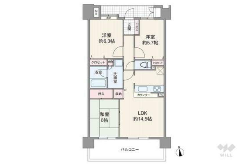 間取り図 専有面積71平米の3LDK。南側にバルコニーがあるので、採光性が高いお部屋です。喚起しやすい田の宇型のお部屋で快適にお過ごしいただけます。キッチンと洗面室の距離が近く、家事の動線が優れているお部屋です。