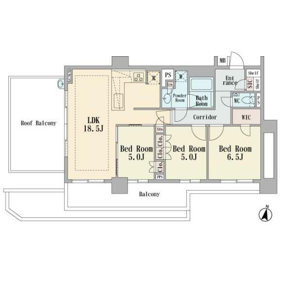 間取り図 全居室南向き！3LDK＋ルーフバルコニーの間取。広々としたルーフバルコニーで眺望を楽しみながら贅沢な時間をお過ごし頂けます。