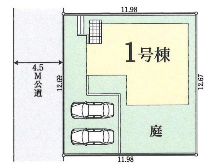 区画図 分譲地内の整形地。南側に庭とカースペース2台。ゆとりを感じさせる上質で明るい空間が、住まう人や訪れる人を心地よく迎え入れてくれます。