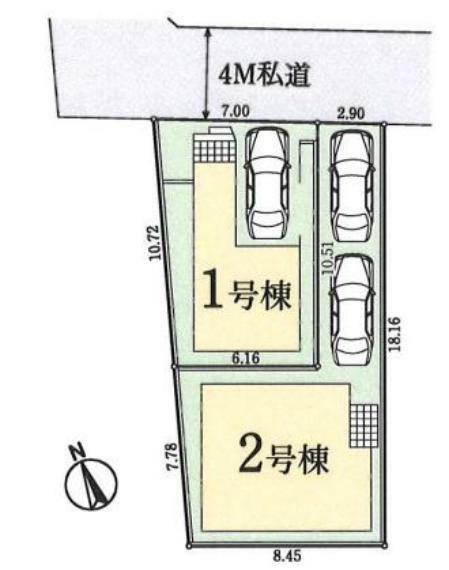 区画図 全2棟現場になります。東横線大倉山駅まで徒歩12分なので、通勤・通学に便利ですよ。車通勤でも安心の車庫付きです！