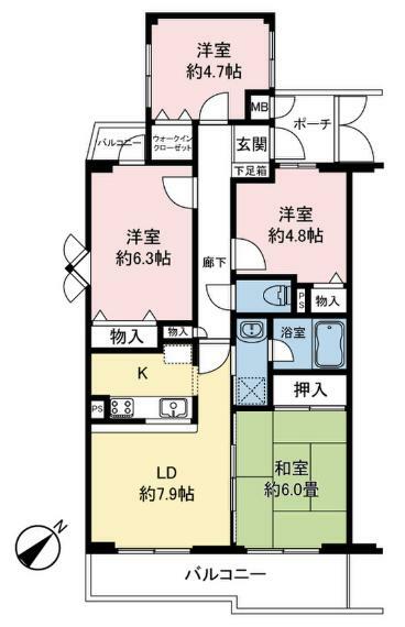 間取り図 WIC付き収納豊富で使い勝手の良い4LDK。バルコニー2ヶ所、南東向きで開放感のある間取りです。