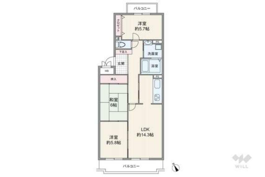 間取り図 間取りは専有面積76.32平米の3LDK。両面にバルコニーがある、センターインのプラン。キッチンは生活感が伝わりにくい独立型で、LDと室内廊下の2か所から出入りができます。