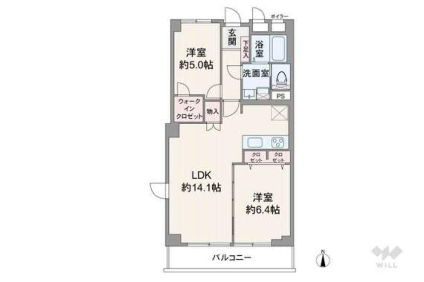 間取りは専有面積59.93平米の2LDK。全居室洋室仕様のプラン。LDKとバルコニー側の洋室は間の引き戸を開放して繋げて使うことも出来ます。全居室に収納付き。バルコニー面積は6.63平米です。