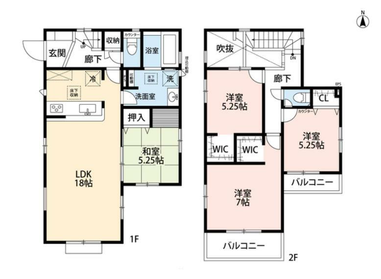 間取り図 LDKと和室を合わせると約23帖の大空間となります。玄関上部が吹抜けになっており、風通しの良い設計になっております。