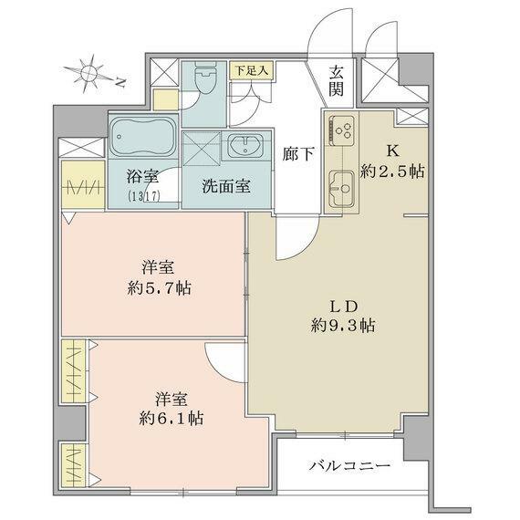 間取り図 全居室収納付き、フローリング仕様で使い勝手の良い2LDK。専有面積は55.55m2になります。