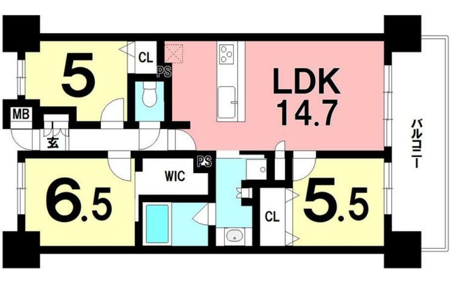 間取り図 3LDK、東向きバルコニー【専有面積66.78m2】】室内程度良好なお部屋です