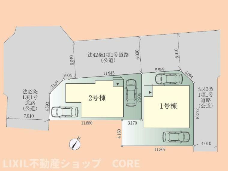 区画図 こちらは1号棟です。開放的な角地に立地！カースペースは嬉しい2台分ございます！