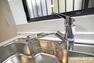 キッチン 【浄水器内蔵のシングルレバー混合水栓】  洗練されたメタルシャワーヘッドは引き出し可能。シンクの隅々まで洗い流すのに大変重宝します！