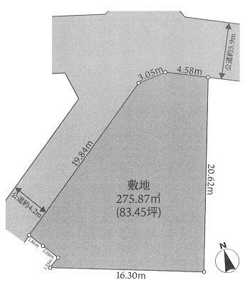 土地図面 人気で鎌倉市腰越地区の売地です!!　「西鎌倉」駅徒歩7分の好立地！　広大な土地275m2・83坪！　角地に付き開放感・通風良好！　車庫入れもらくらく5.9m道路面！　二世帯住宅にもおすすめ！　BBQや家庭菜園に最適！　教育施設・商業施設が徒歩圏内に揃う子育てしやすい環境です！  ■建築条件なし！