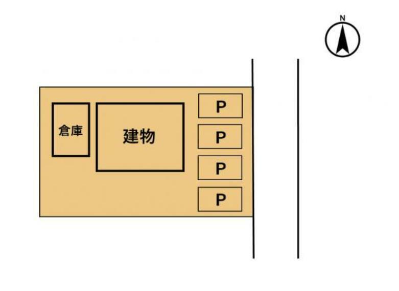 土地図面 【敷地図】駐車場は並列4台分のスペースがございます。