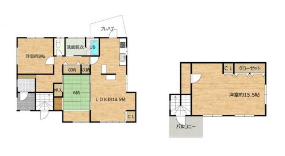 【間取図】1階に約18.5帖のLDKと和室、洋室が1部屋ずつ、2階に約15.5帖の洋室がある3LDKの住宅です。収納が多く、生活のしやすさが魅力です。また2階は廊下造作のうえ2部屋に分けることも可能です。