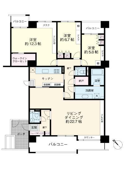 間取り図 P.P分離設計が採用された、生活の夢が広がる125平米の広々とした専有面積、3LDK＋WIC＋N