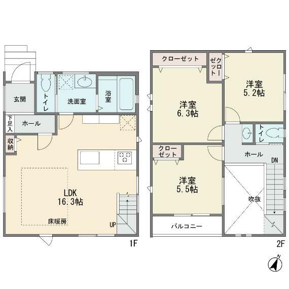 間取り図 北西角地に面す新築2階建て　カウンターキッチン　リビングイン階段　吹抜けのリビング　床暖房　LDK16.3帖　宅配ボックス　省エネ適合住宅