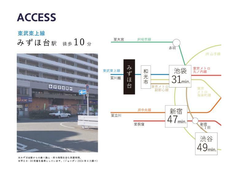 【アクセス】 最寄り駅は東武東上線「みずほ台」（徒歩10分）。準急行列車を利用でき、都心部へもアクセス良好です。