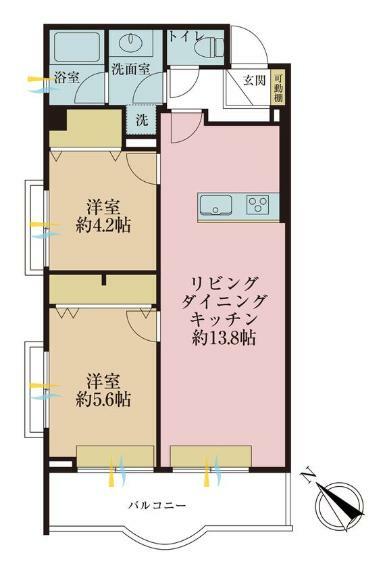 間取り図 2LDK、専有面積52.2平米、バルコニー面積8.28平米