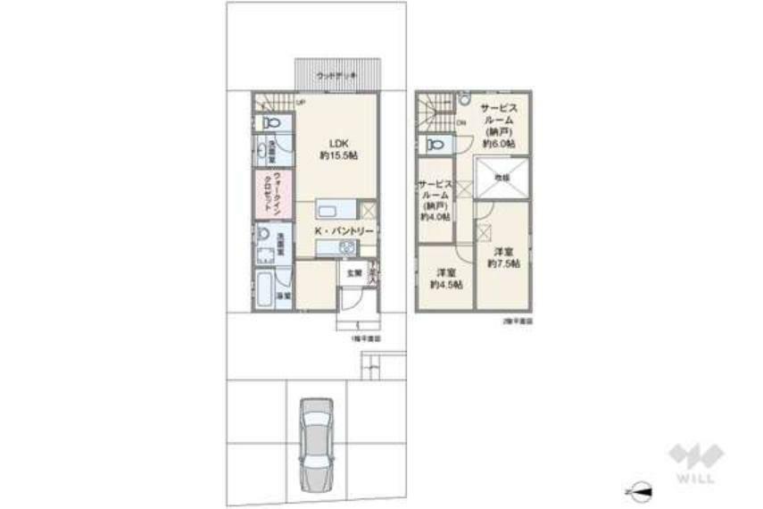 間取り図 間取りは延床面積92.73平米の2SLDK。LDKに面してウッドデッキ付き。大型のウォークインクロゼットがあります。LDKの一部上部は吹き抜け。主寝室は約7.5帖の広さがあります。