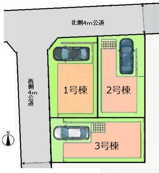 区画図 ■前面道路は西側4m公道で車庫入れもスムーズ