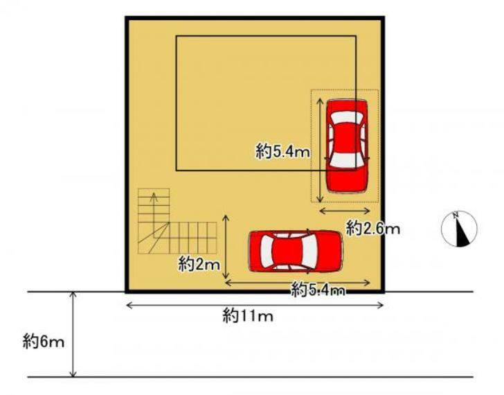 区画図 【区画図】前面道路は約6mあり、スムーズに駐車ができます。シャッター付きのビルトインガレージとカースペースに普通車2台駐車可能です。