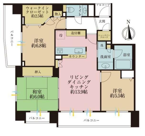 間取り図 3LDK、専有面積76.34平米、バルコニー面積17.2平米