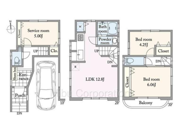 ハイルーフ駐車可能な車庫付（制限有）の2SLDK。トイレは1階と3階の2個所設置。