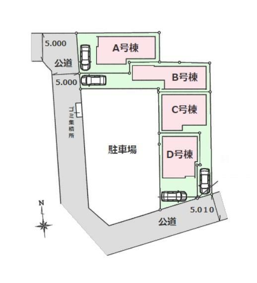 区画図 ■前面道路は西側5.0m公道、南側はB号棟通路で陽当り良好な区画