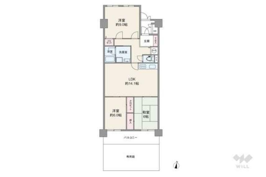 間取り図 LDK約14.1帖が部屋の中央にあり、南側の個室へはLDKを通って出入りします。北側の洋室9帖は扉が2ヶ所にあり、区切って利用することも可能。玄関前にポーチがあり、戸建て感覚の造りです。