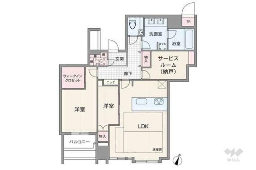 間取り図 間取りは専有面積87.03平米の2SLDK。全居室洋室仕様のプラン。LDKと続き間の洋室は引き戸を開放してLDKの延長としても使えます。バルコニーに面した洋室には収納力のあるウォークインクロゼット付。