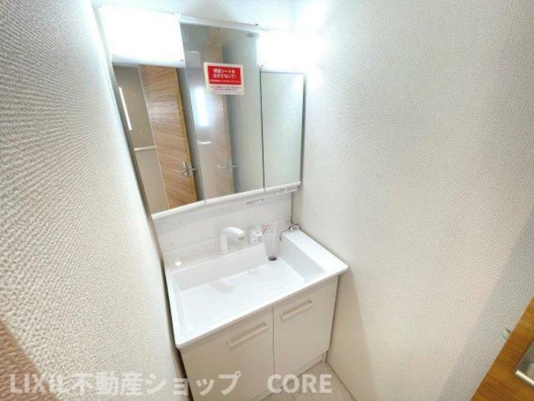 洗面化粧台 シャワー付きのドレッサーには鏡の裏に収納スペースがあります。充実した洗面化粧台です。