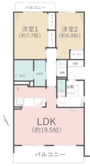 間取り図 2LDKの中古マンションは、経済的に経済的な価格の物件です。リビングルームで家族団らんの時間が過ごせ、間仕切りで隔てた2部屋は、寝室や書斎、子供部屋など、目的に応じて、使えることがメリットです。