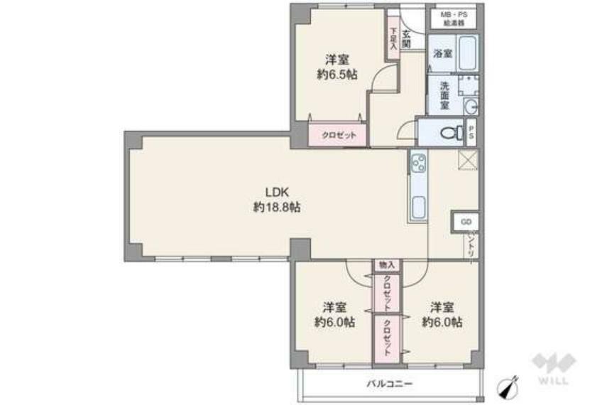 間取り図 間取りは専有面積98.59平米の3LDK。LDK約18.8帖のプラン。バルコニー面積は7.20平米です。部屋の真ん中にLDKがある造りで、広さは約18.8帖です。全居室6帖以上あるため使いやすいです。